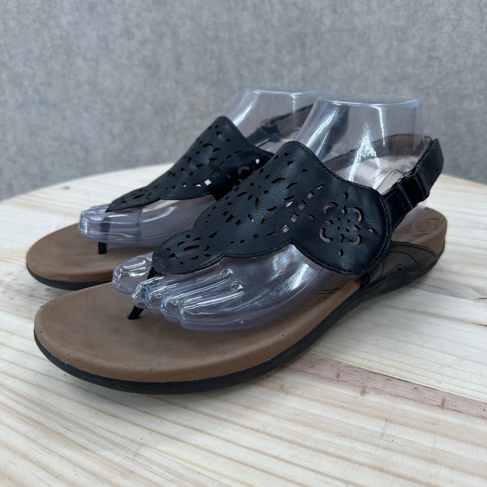 Rockport Black Leather Laser Cut Floral Slingback Thong Sandals Womens 9